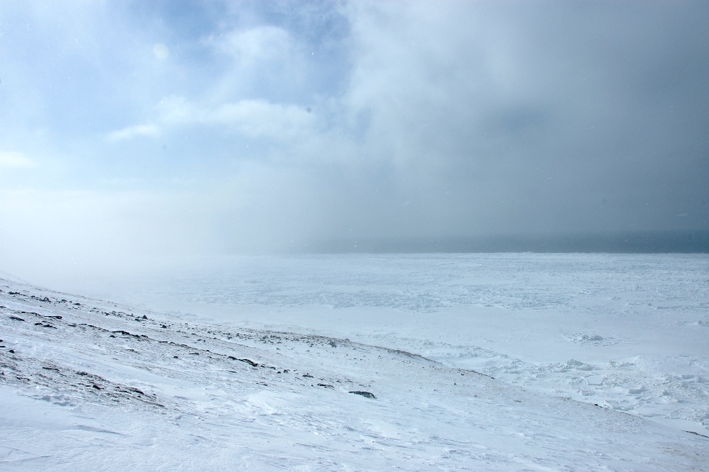 15 April 2012 - View of broad expanse of shorefast ice at Wales.