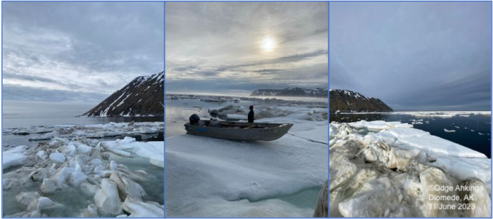 Sea ice and weather conditions near Diomede on 11 June 2023. Photos courtesy of Odge Ahkinga.