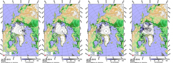 Figure 6a: Sea ice concentration on 20 July for the last four years.