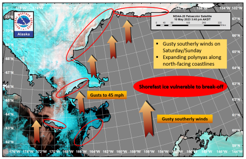Annotated satellite image from NWS Alaska Sea Ice Program on on Thursday, 11 May 2023.