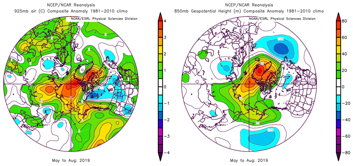 Figure 6a. (left panel) May–August 2019 anomalies of 925 mb air temperature anomalies and Figure 6b (right panel) geopotential height field at 850 mb - 15% of the atmosphere above the surface. Plots created on ESRL web plotting site using NCEP reanalysis.