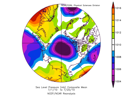 Map of sea level pressures (SLP) for July 1-19