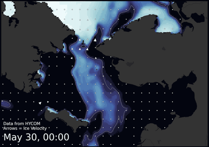 Visit the SIWO Facebook page @seaiceforwalrus to view this animation showing the predicted movement of ice predicted by the HYbrid Coordinate Ocean Model (HYCOM).