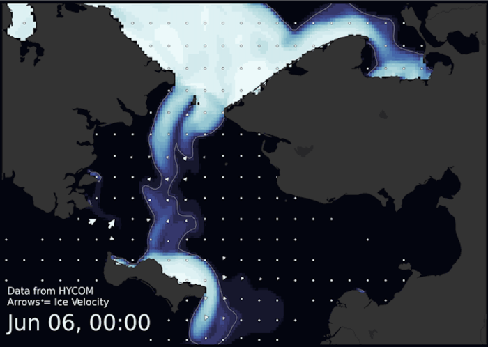 Visit the SIWO Facebook page @seaiceforwalrus to view this animation showing the predicted movement of ice predicted by the HYbrid Coordinate Ocean Model (HYCOM).