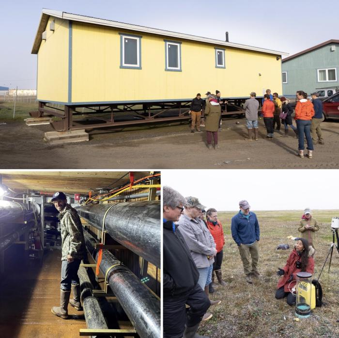 Figure 4. Top: During a field trip to tour infrastructure, permafrost and erosion issues around Utqiaġvik, visiting researchers examine the Taġiuġmiullu Nunamiullu Housing Authority (TNHA) sled home. Photo courtesy of Steve Rowell. Bottom left: Aaron Cooke, Architect and Project Manager for the Sustainable Northern Communities Program at the National Renewable Energy Laboratory's Alaska campus, tours a section of the three-mile-long underground utilidor in Utqiaġvik, which transports water, sewage, electri