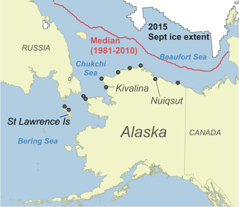 Map of the 11 Alaska traditional whaling communities, with the 2015 and 1981-2010 median September ice extents shown. (Courtesy: M. Druckenmiller)
